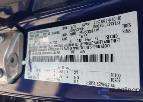 2016 Ford Escape Titanium из США, поврежденный, VIN 1FMCU9JX8GUC03475